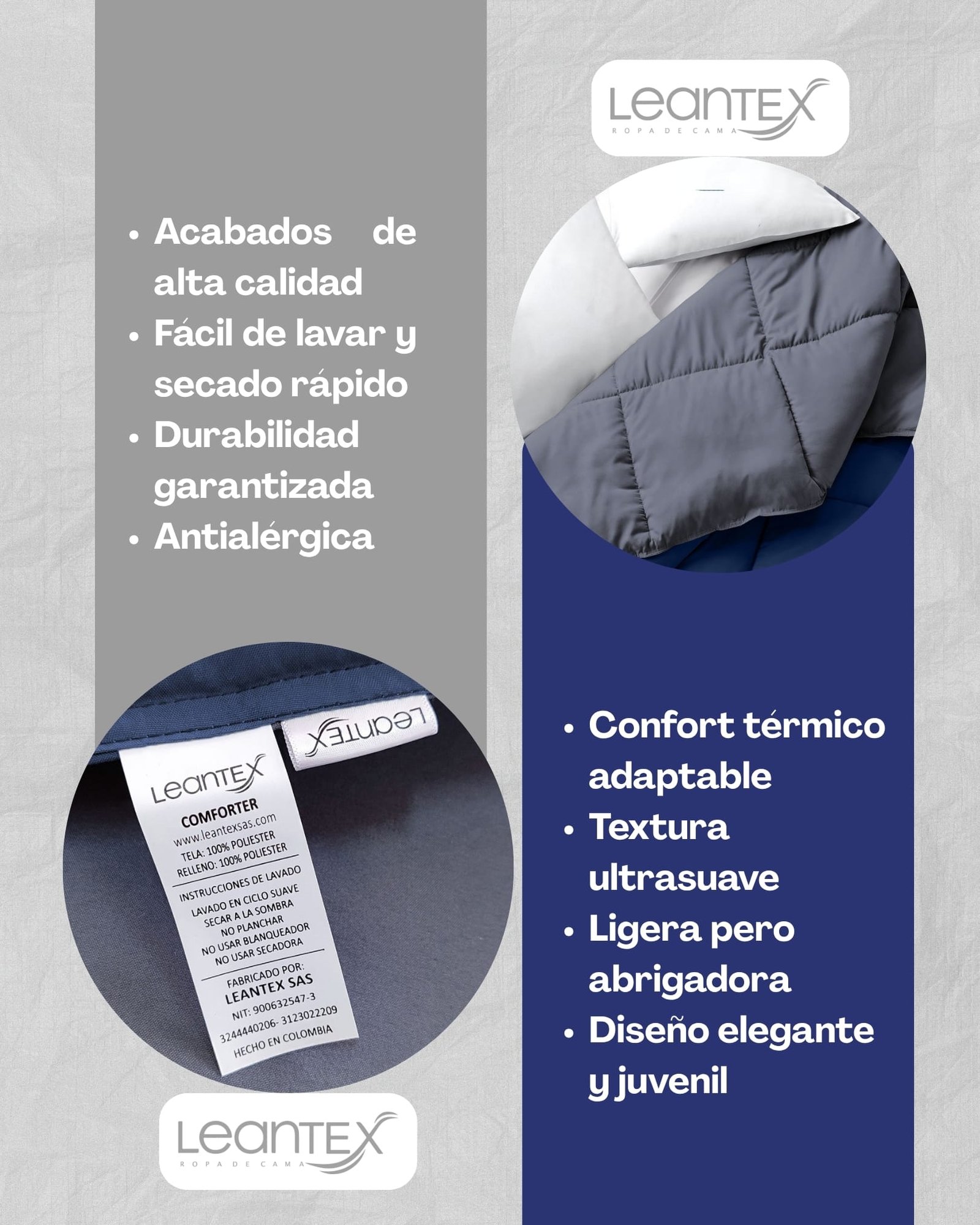 Colcha Comforter Doble Bicolor Gris Oscuro - Azul Oscuro